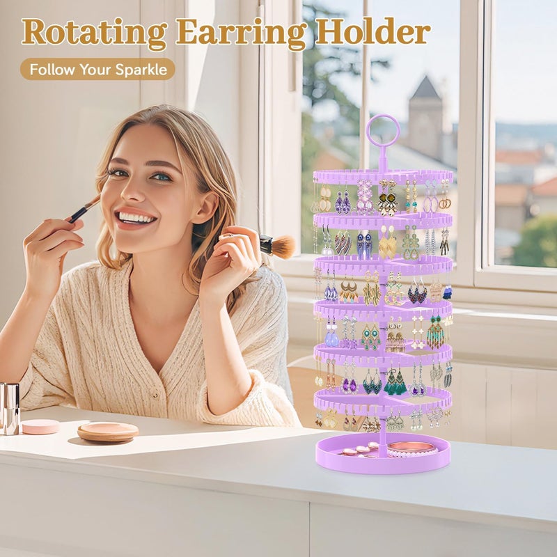 MODOWEY 6 Tier Rotating Earring Holder Organizer Display Tree with Metal Tray, Adjustable Plastic Stand with 342 Slots for Stud Hoop Hanger, Large Capacity Storage Rack for Women, Purple - Image 2